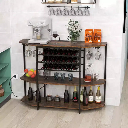 Mueble Bar de 3 Niveles con Estantes de Almacenamiento, Porta Copas y Botellero