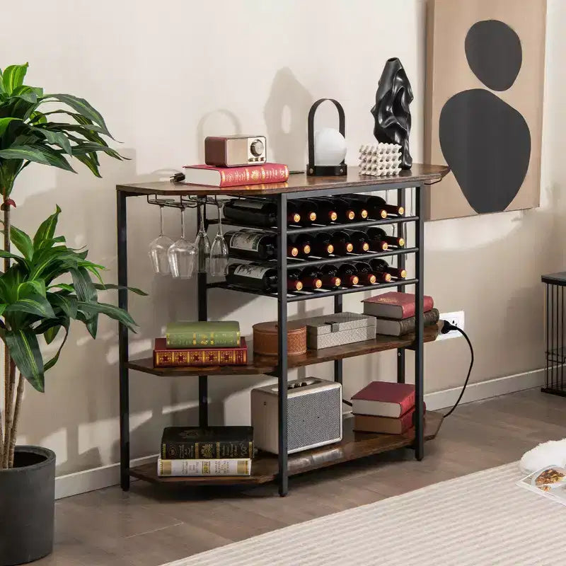 Mueble Bar de 3 Niveles con Estantes de Almacenamiento, Porta Copas y Botellero