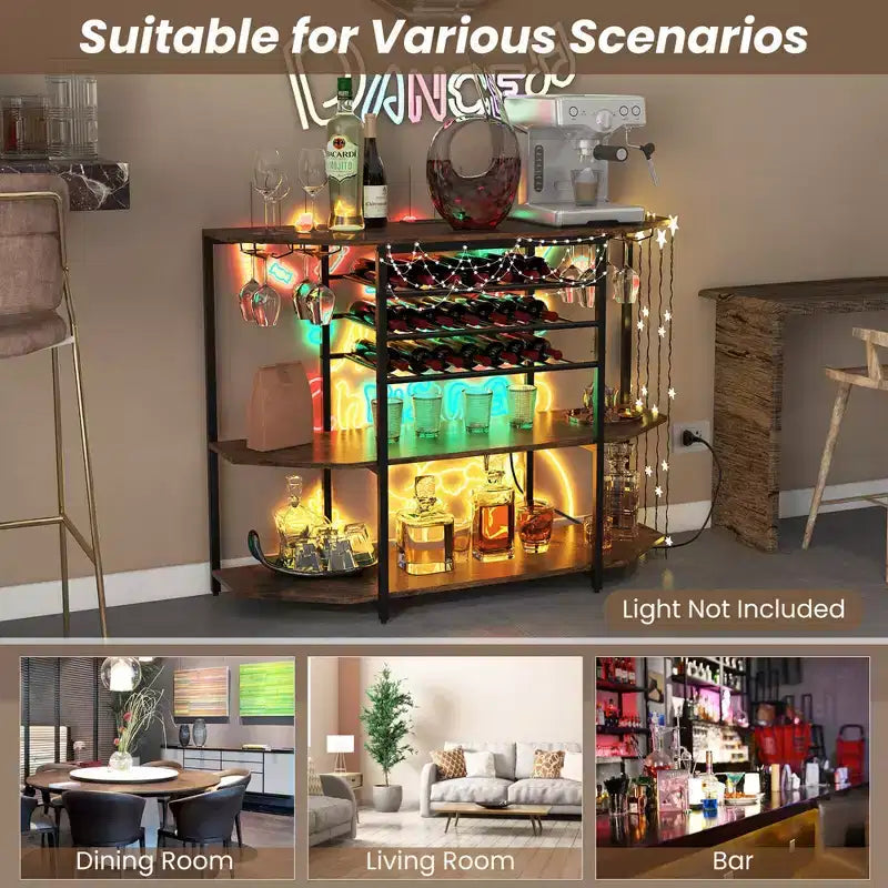 Mueble Bar de 3 Niveles con Estantes de Almacenamiento, Porta Copas y Botellero