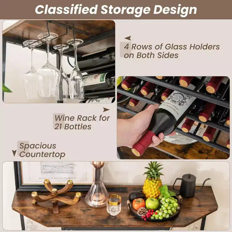 Mueble Bar de 3 Niveles con Estantes de Almacenamiento, Porta Copas y Botellero