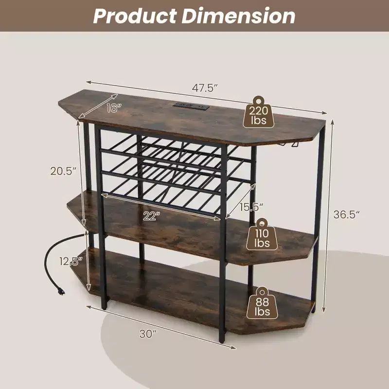 Mueble Bar de 3 Niveles con Estantes de Almacenamiento, Porta Copas y Botellero