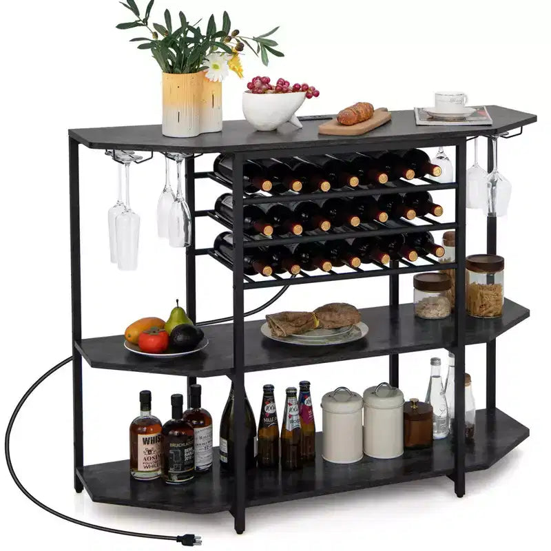 Mueble Bar de 3 Niveles con Estantes de Almacenamiento, Porta Copas y Botellero