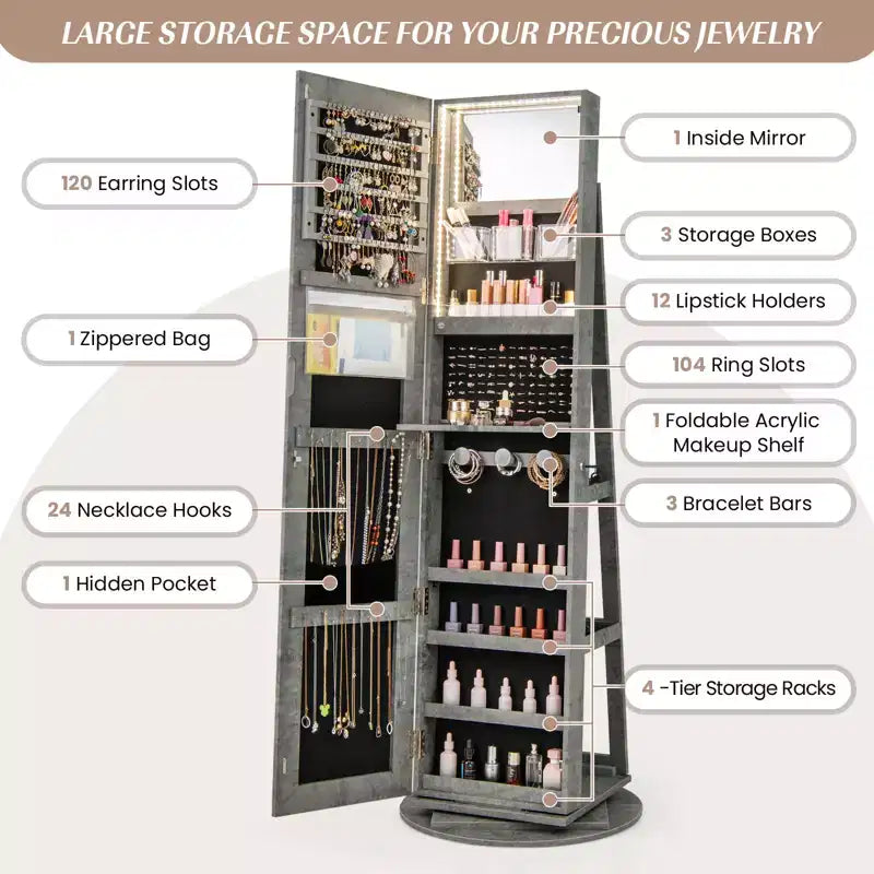 Armario joyero giratorio 360° con espejo, 3 modos de luz LED, con cerradura
