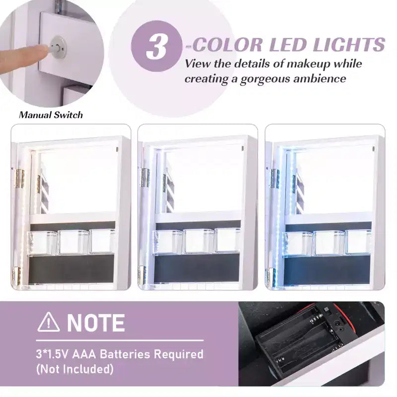 Armario joyero giratorio 360° con espejo, 3 modos de luz LED, con cerradura