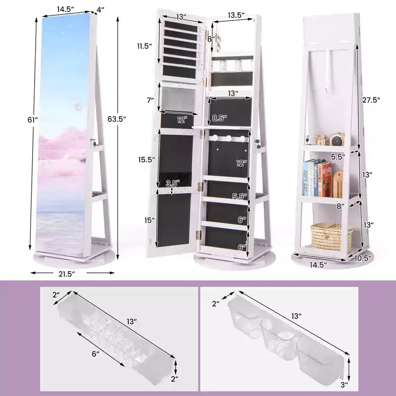 Armario joyero giratorio 360° con espejo, 3 modos de luz LED, con cerradura