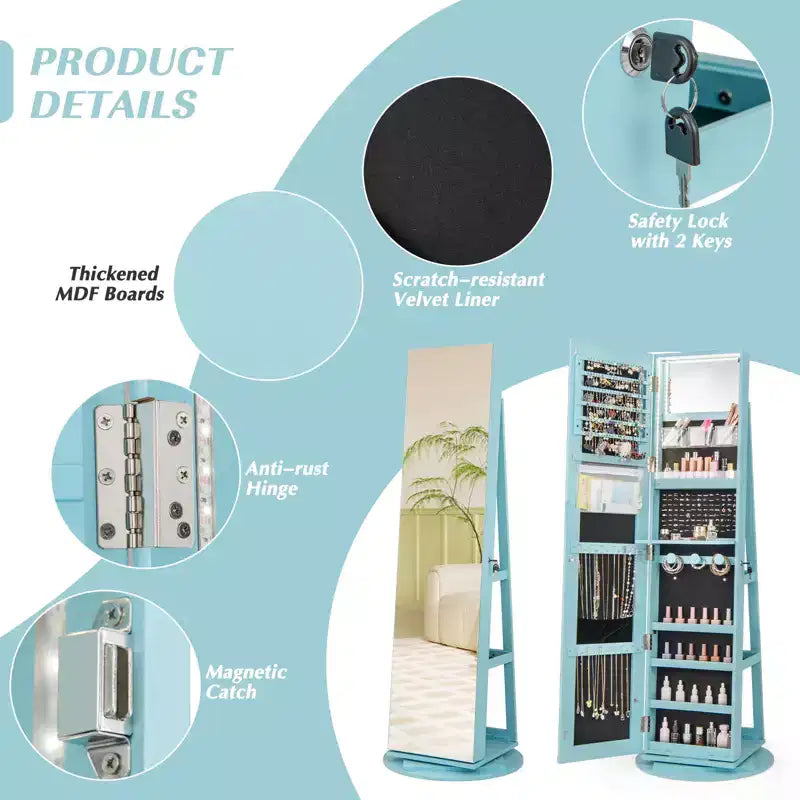 Armario joyero giratorio 360° con espejo, 3 modos de luz LED, con cerradura