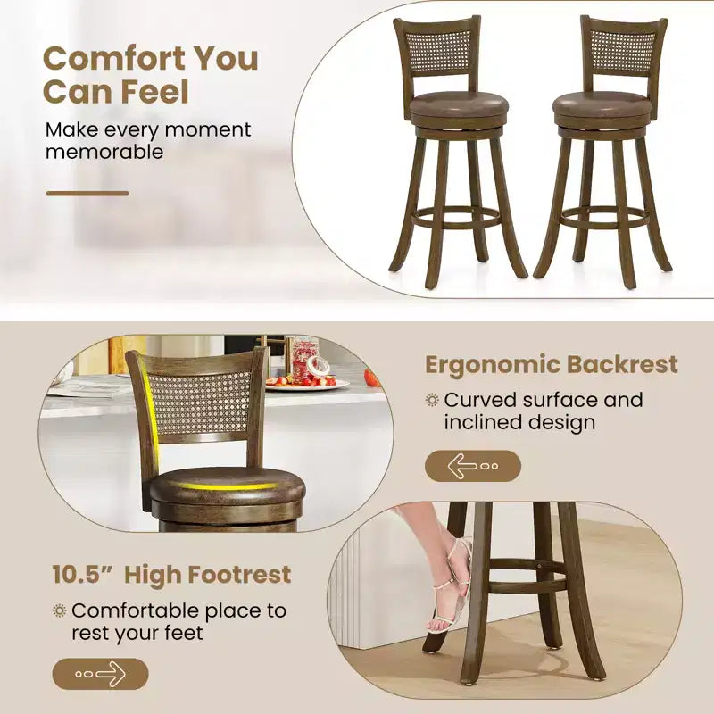 2 taburetes de bar de 30 pulgadas con respaldo de ratán PE, altura de bar
