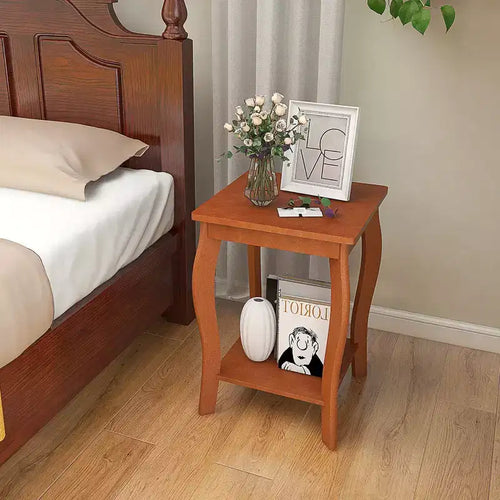 Mesa Auxiliar Cuadrada de 2 Niveles para Sofá, Mesita de Noche Angosta con Estante de Almacenamiento y Patas de Madera