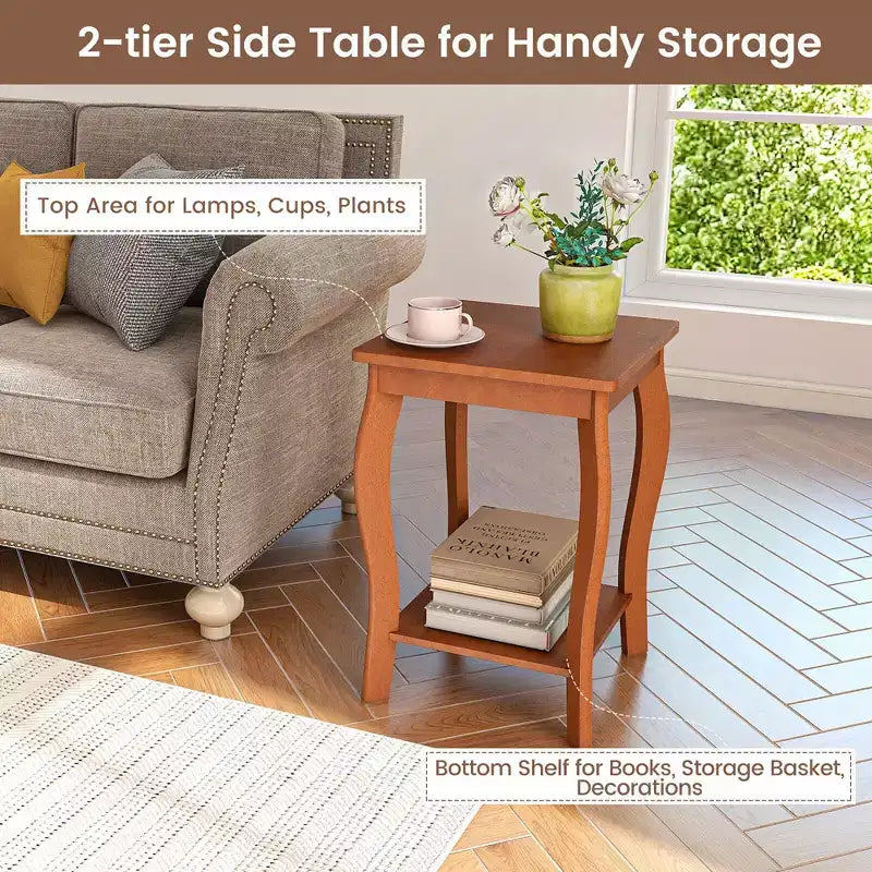 Mesa Auxiliar Cuadrada de 2 Niveles para Sofá, Mesita de Noche Angosta con Estante de Almacenamiento y Patas de Madera