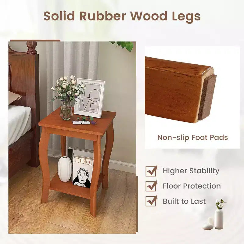 Mesa Auxiliar Cuadrada de 2 Niveles para Sofá, Mesita de Noche Angosta con Estante de Almacenamiento y Patas de Madera