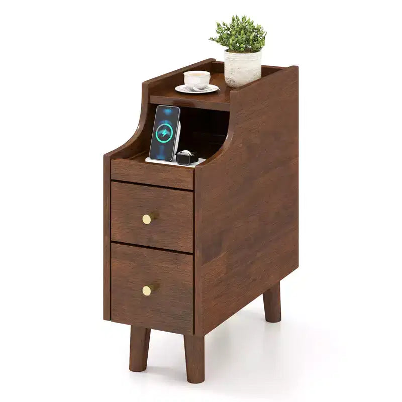 Costway Solid Wood End Table w/ Pull-out Tray & 2 Storage Drawers Cable Management