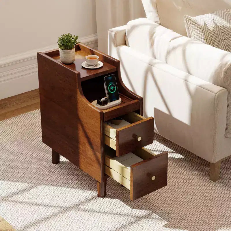 Mesa auxiliar de madera maciza con bandeja extraíble y 2 cajones de almacenamiento con gestión de cables