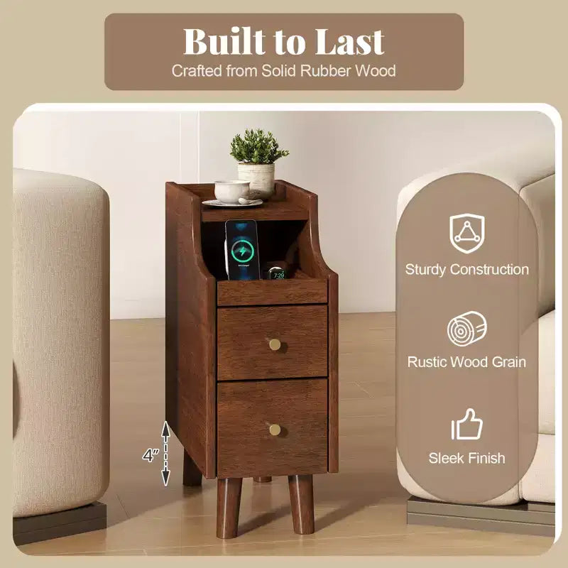 Mesa auxiliar de madera maciza con bandeja extraíble y 2 cajones de almacenamiento con gestión de cables