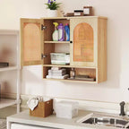 Armario de pared para baño con estantes ajustables, cubo abierto, 2 puertas de ratán PE para encima del inodoro, mueble de pared para medicamentos, Natural