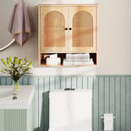 Armario de pared para baño con estantes ajustables, cubo abierto, 2 puertas de ratán PE para encima del inodoro, mueble de pared para medicamentos, Natural