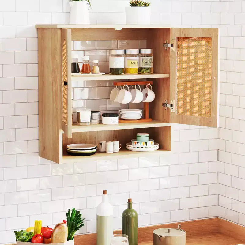 Armario de pared para baño con estantes ajustables, cubo abierto, 2 puertas de ratán PE para encima del inodoro, mueble de pared para medicamentos, Natural