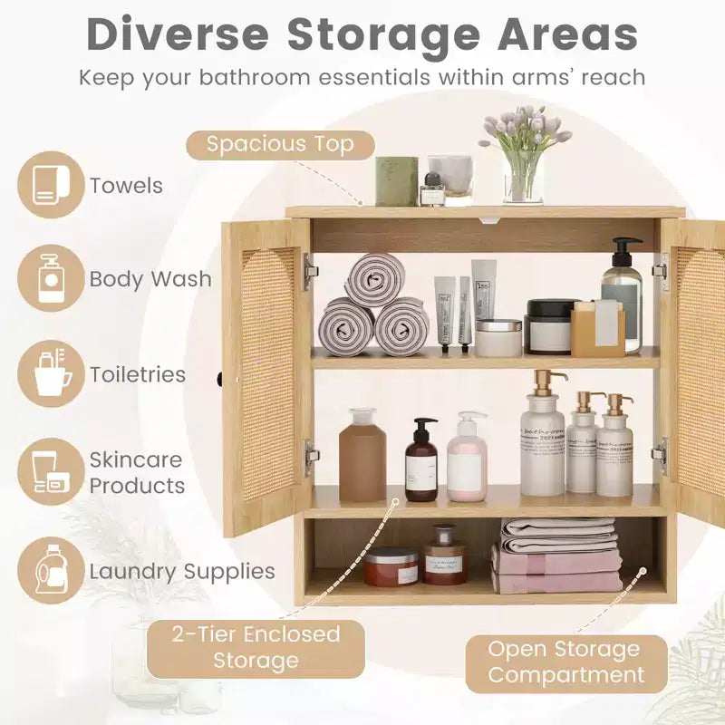 Armario de pared para baño con estantes ajustables, cubo abierto, 2 puertas de ratán PE para encima del inodoro, mueble de pared para medicamentos, Natural