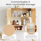 Armario de pared para baño con estantes ajustables, cubo abierto, 2 puertas de ratán PE para encima del inodoro, mueble de pared para medicamentos, Natural