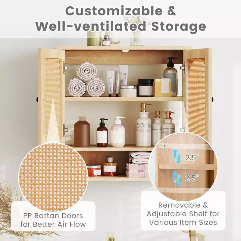 Armario de pared para baño con estantes ajustables, cubo abierto, 2 puertas de ratán PE para encima del inodoro, mueble de pared para medicamentos, Natural