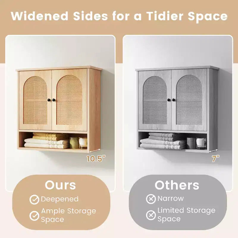 Armario de pared para baño con estantes ajustables, cubo abierto, 2 puertas de ratán PE para encima del inodoro, mueble de pared para medicamentos, Natural