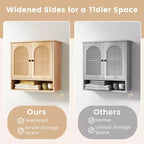 Armario de pared para baño con estantes ajustables, cubo abierto, 2 puertas de ratán PE para encima del inodoro, mueble de pared para medicamentos, Natural