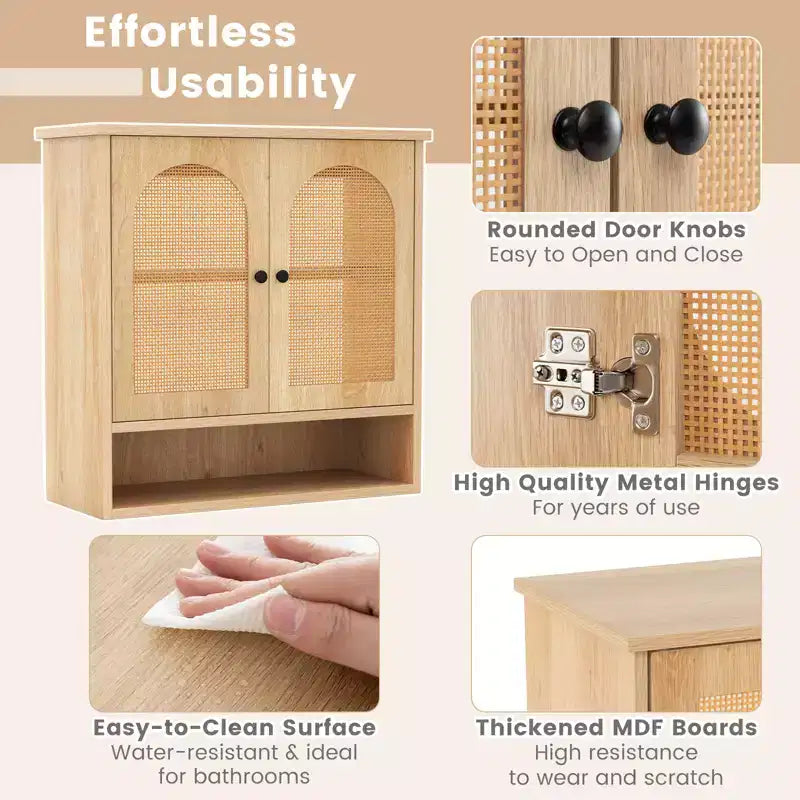 Armario de pared para baño con estantes ajustables, cubo abierto, 2 puertas de ratán PE para encima del inodoro, mueble de pared para medicamentos, Natural