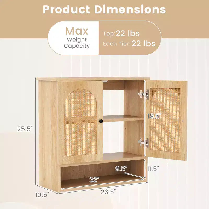 Armario de pared para baño con estantes ajustables, cubo abierto, 2 puertas de ratán PE para encima del inodoro, mueble de pared para medicamentos, Natural