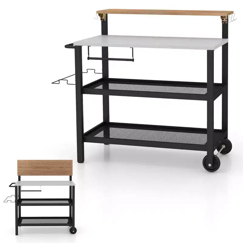 Carro Bar con Ruedas y Mesa Plegable, Ganchos, Portarrollos de Papel de Cocina, Soporte para Bolsas de Basura