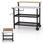 Carro Bar con Ruedas y Mesa Plegable, Ganchos, Portarrollos de Papel de Cocina, Soporte para Bolsas de Basura