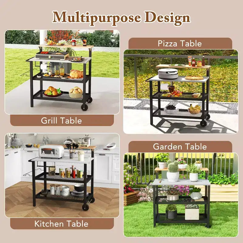 Carro Bar con Ruedas y Mesa Plegable, Ganchos, Portarrollos de Papel de Cocina, Soporte para Bolsas de Basura