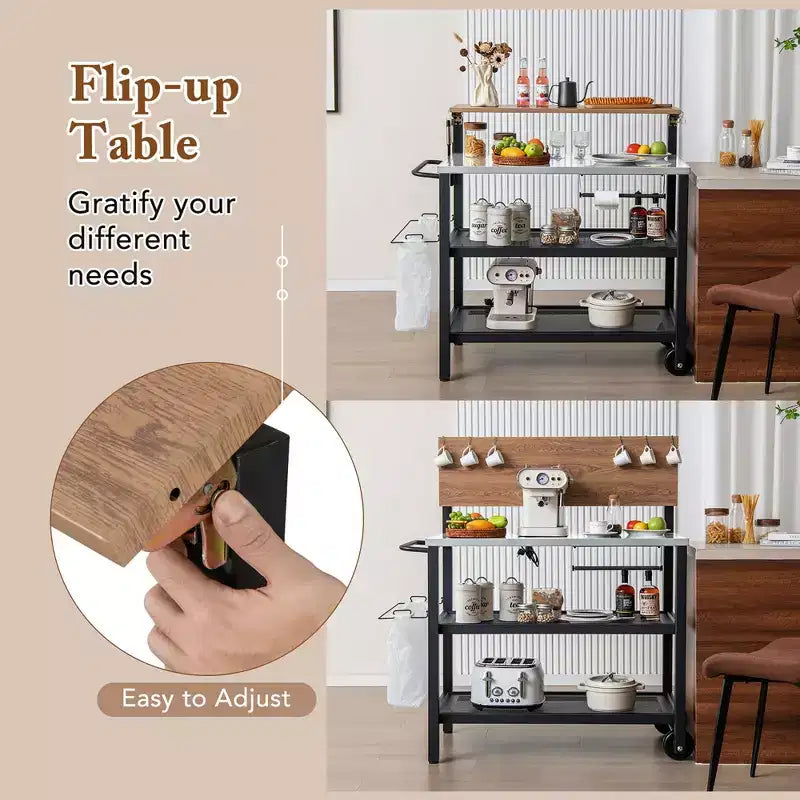 Carro Bar con Ruedas y Mesa Plegable, Ganchos, Portarrollos de Papel de Cocina, Soporte para Bolsas de Basura