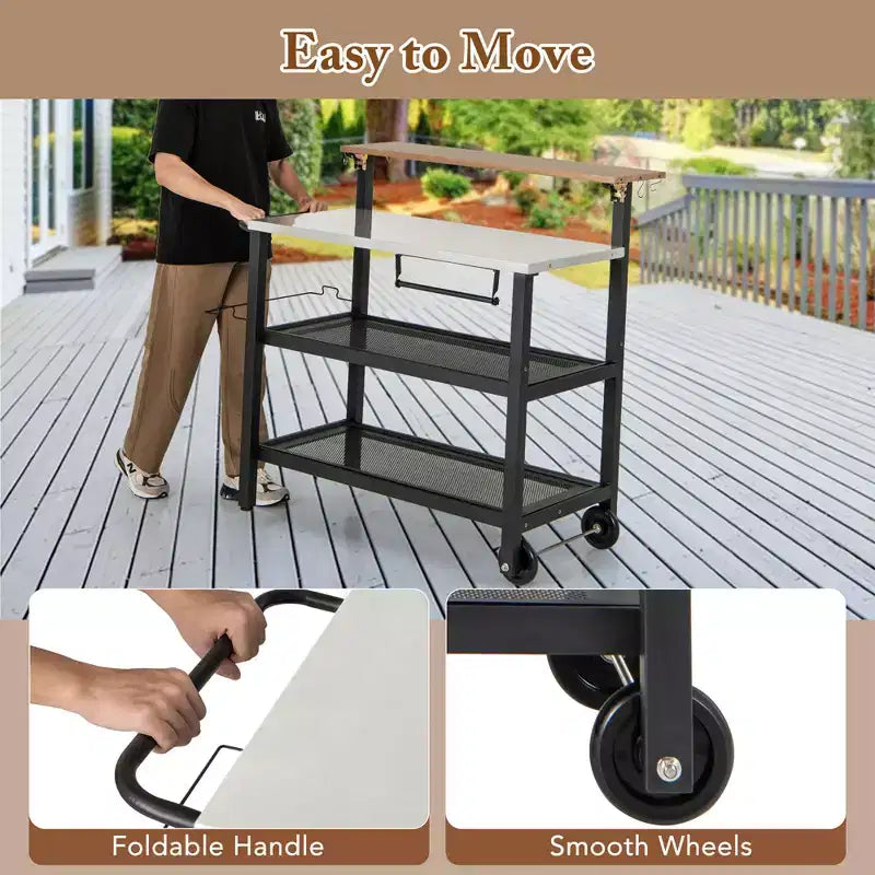 Carro Bar con Ruedas y Mesa Plegable, Ganchos, Portarrollos de Papel de Cocina, Soporte para Bolsas de Basura