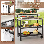 Carro Bar con Ruedas y Mesa Plegable, Ganchos, Portarrollos de Papel de Cocina, Soporte para Bolsas de Basura