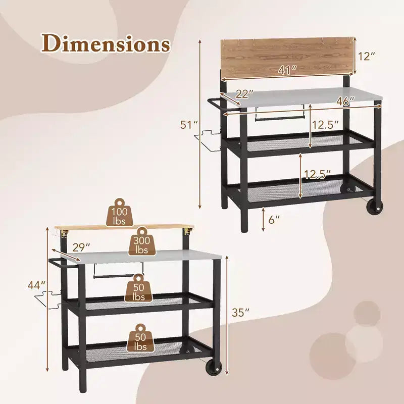 Carro Bar con Ruedas y Mesa Plegable, Ganchos, Portarrollos de Papel de Cocina, Soporte para Bolsas de Basura