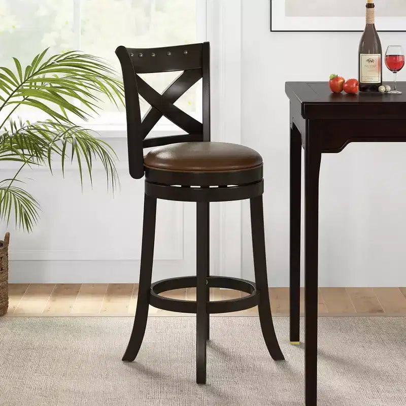 31 Taburete Giratorio de Bar Altura de Bar Asiento de Cuero Sintético Patas de Madera de Caucho Reposapiés