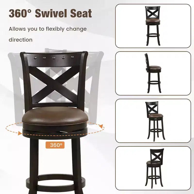 31 Taburete Giratorio de Bar Altura de Bar Asiento de Cuero Sintético Patas de Madera de Caucho Reposapiés