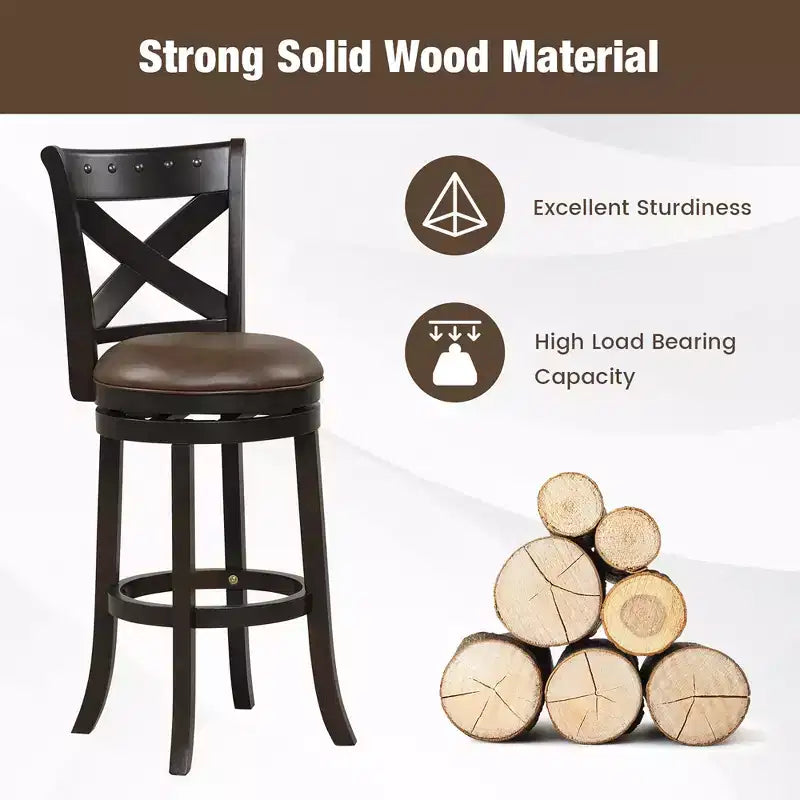 31 Taburete Giratorio de Bar Altura de Bar Asiento de Cuero Sintético Patas de Madera de Caucho Reposapiés