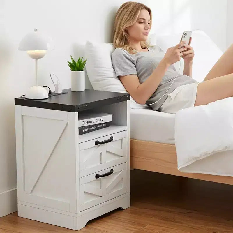 Mesita de noche moderna con 2 cajones, mesita auxiliar de madera de 15.8W para sofá, mesita auxiliar delgada con estación de carga, mesita de noche para sala de estar y dormitorio