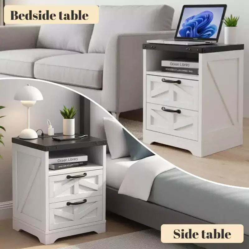 Mesita de noche moderna con 2 cajones, mesita auxiliar de madera de 15.8W para sofá, mesita auxiliar delgada con estación de carga, mesita de noche para sala de estar y dormitorio