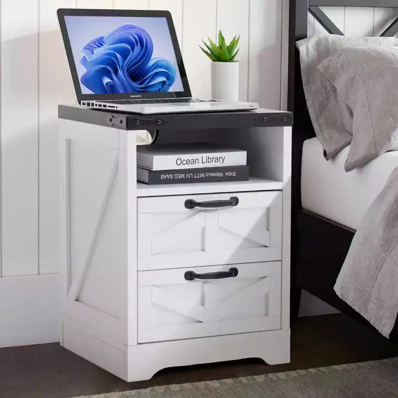 Mesita de noche moderna con 2 cajones, mesita auxiliar de madera de 15.8W para sofá, mesita auxiliar delgada con estación de carga, mesita de noche para sala de estar y dormitorio
