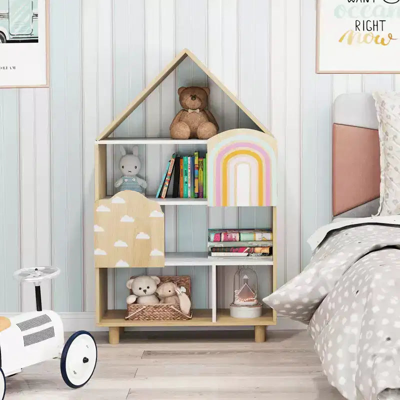 Estantería Infantil con Forma de Casa, Organizador de Juguetes de 4 Niveles con Compartimentos Abiertos