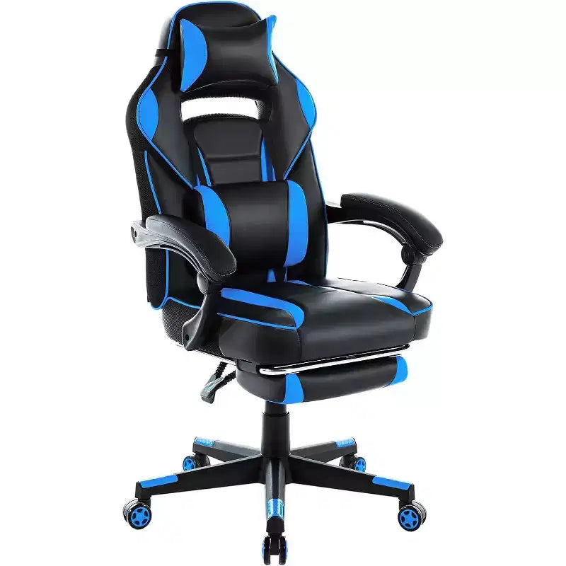 Silla de oficina giratoria para juegos ergonómica de PU con respaldo alto, reposapiés retráctil, altura ajustable, soporte lumbar y reposacabezas ajustables
