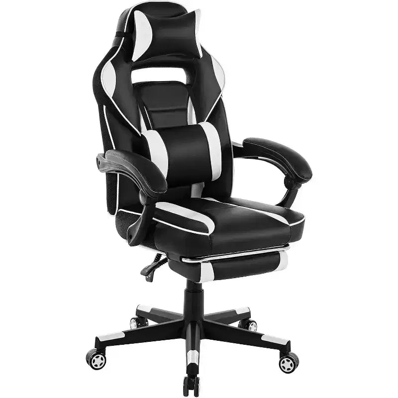 Silla de oficina giratoria para juegos ergonómica de PU con respaldo alto, reposapiés retráctil, altura ajustable, soporte lumbar y reposacabezas ajustables