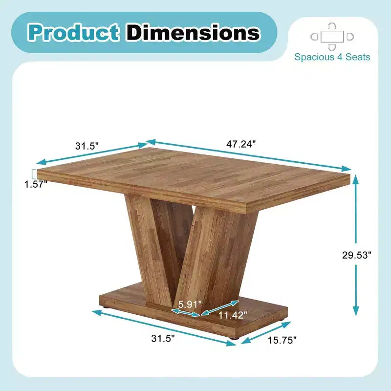 Mesa de comedor de casa de campo TUYOHW para 4-6 personas, mesa de cocina rectangular con tapa de 4 cm de grosor y soporte triangular, 120 cm de largo, nogal+marrón
