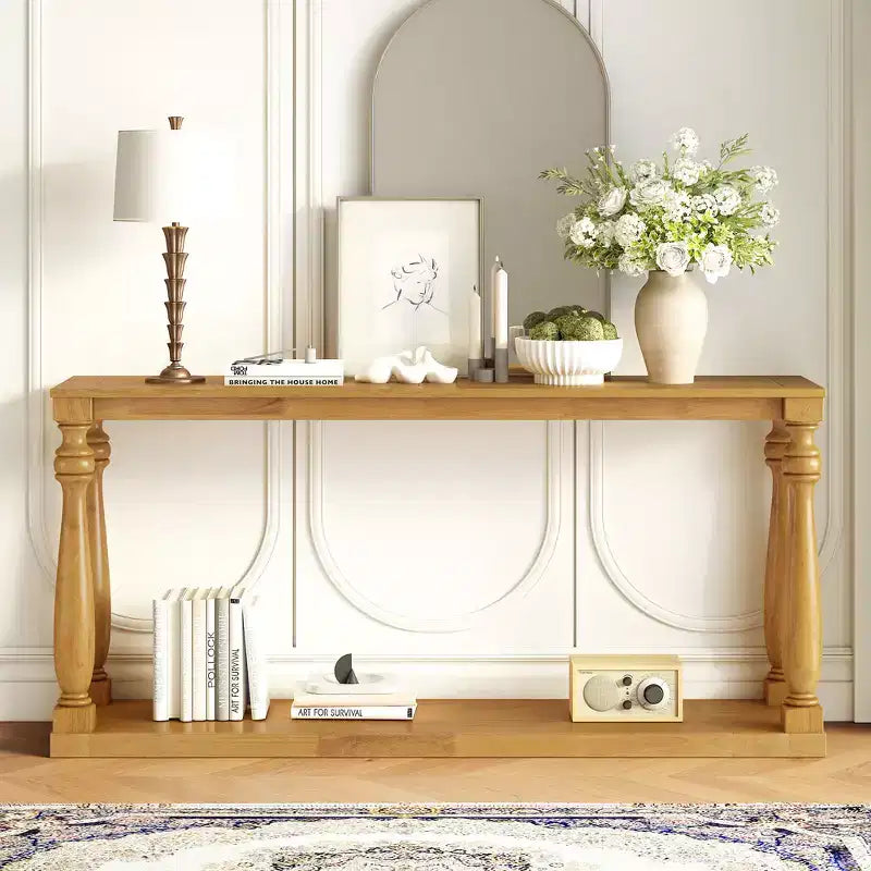 Mesa consola vintage de vetas de madera, patas de jarrón, estante base, para recibidor, pasillo, sala de estar, dormitorio
