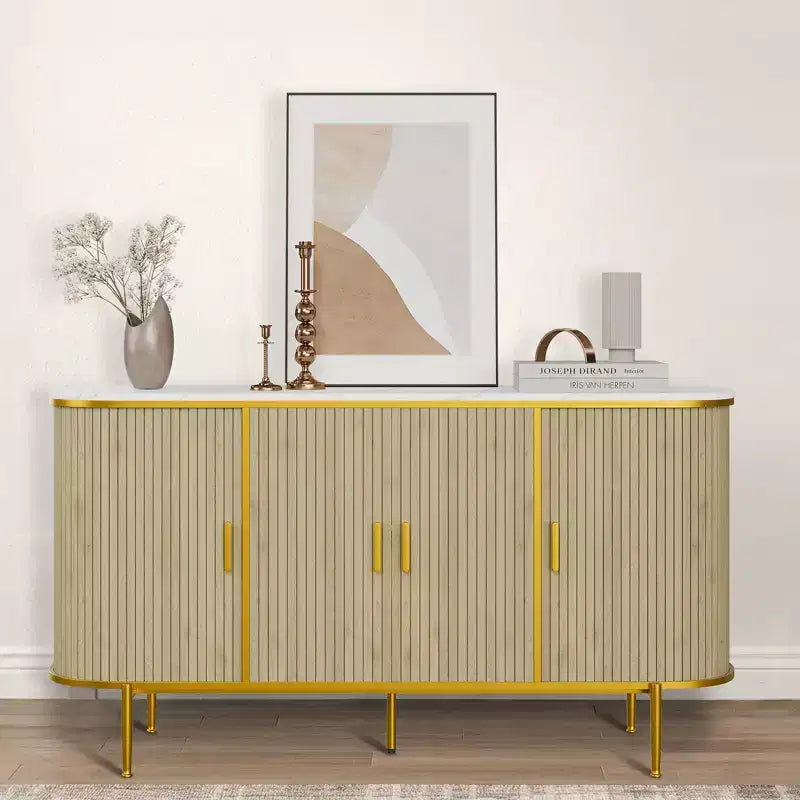 Aparador bufé de estilo moderno de mediados de siglo de 59 pulgadas, armario de almacenamiento acanalado con patas de metal, mesa de consola para comedor, sala de estar, recibidor