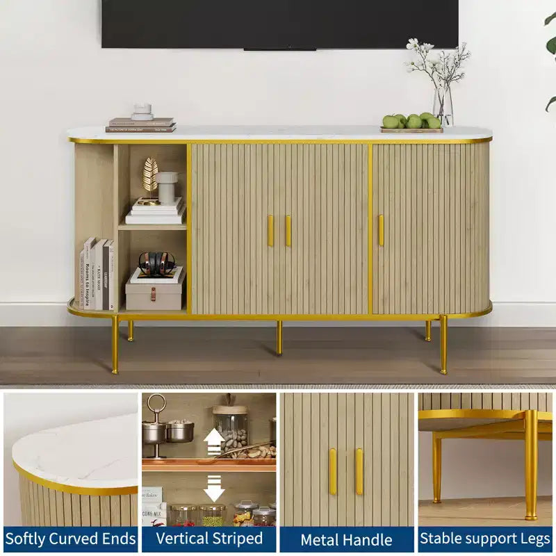 Aparador bufé de estilo moderno de mediados de siglo de 59 pulgadas, armario de almacenamiento acanalado con patas de metal, mesa de consola para comedor, sala de estar, recibidor