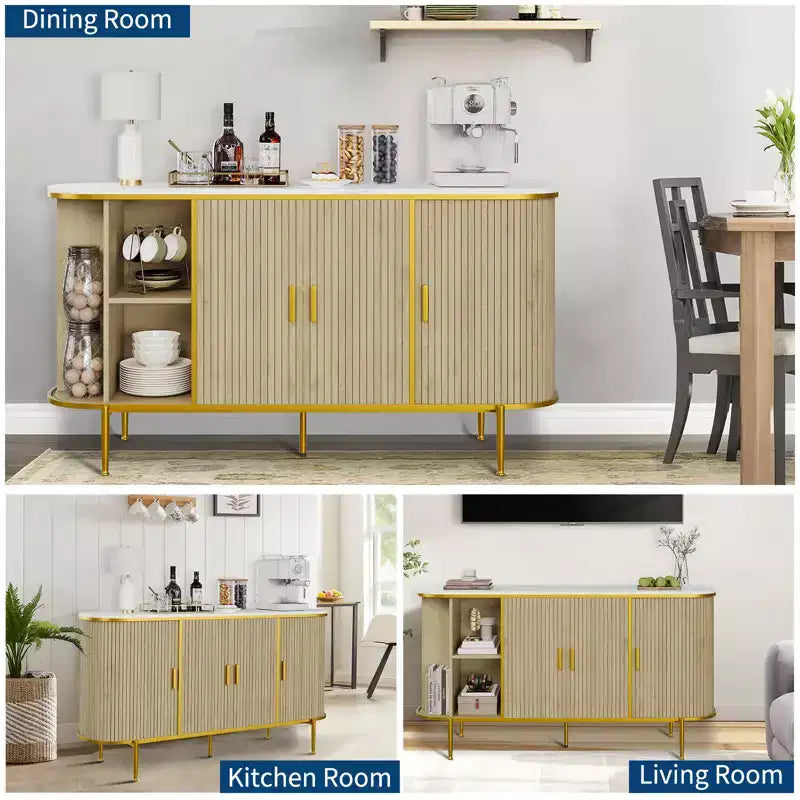 Aparador bufé de estilo moderno de mediados de siglo de 59 pulgadas, armario de almacenamiento acanalado con patas de metal, mesa de consola para comedor, sala de estar, recibidor