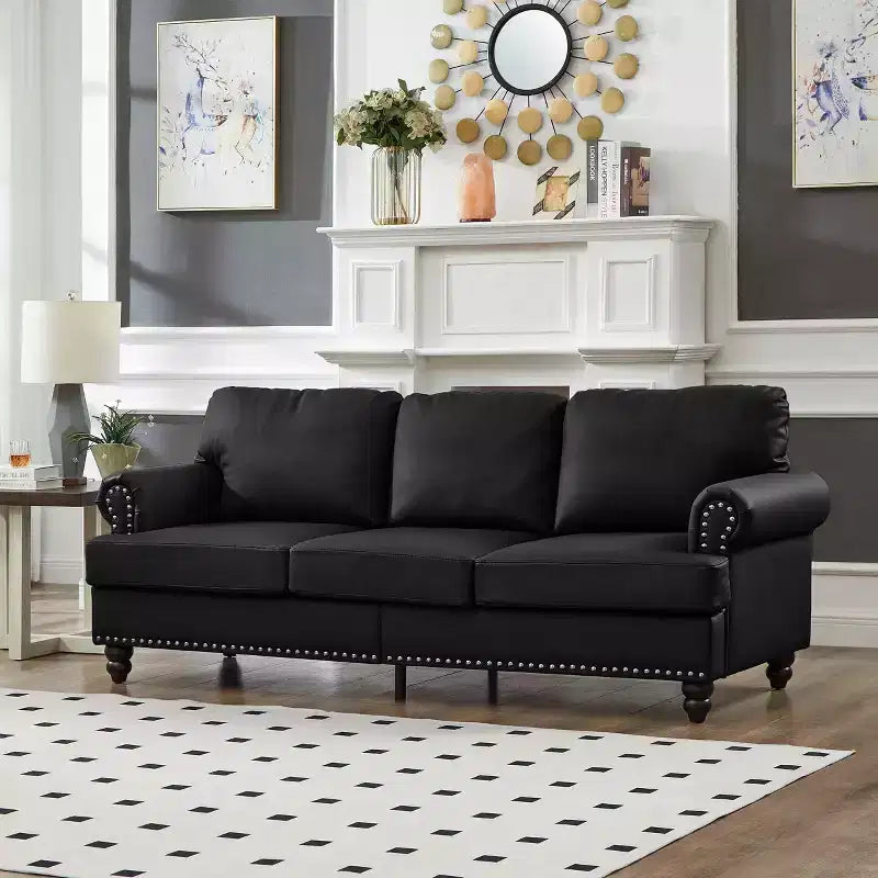 MAYEERTY 83 Sofá Moderno de Tres Plazas con Tachuelas, Tapizado en Polipiel de Imitación Piel de Vaca para Sala de Estar, Negro