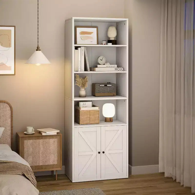 2 estanterías de 181 cm de alto con 6 baldas, estilo rústico con 4 puertas, para sala de estar y oficina en casa, fácil montaje